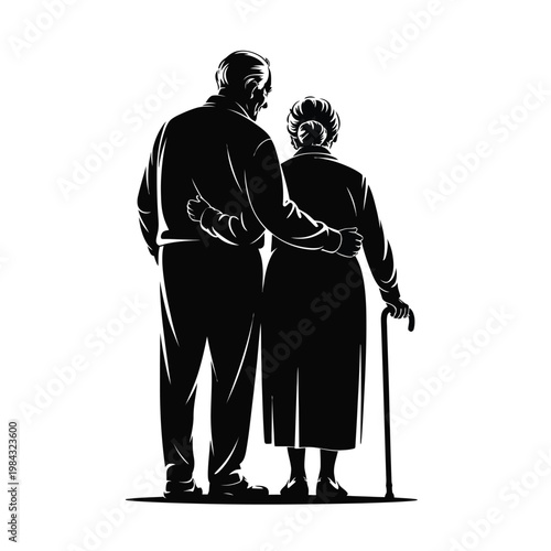 An elderly couple stands together in a tender moment.