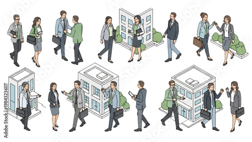 Business professionals walk around vector 2D CAD office buildings.