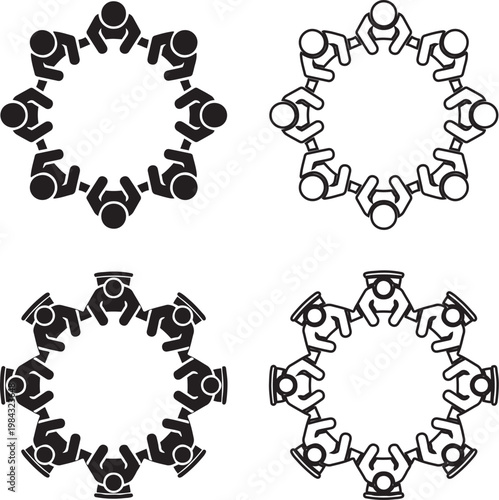 Business Meeting Icon, Team Brainstorming Around Table Top View, Group Collaboration and Conference Session Flat Vector Illustration