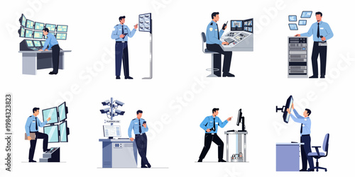 Bild auf Leinwand Set of flat vector illustrations of security guards monitoring CCTV surveillance cameras, control rooms, and data servers for safety and protection