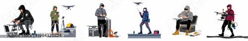 Flat Vector Illustrations of a Professional Drone Operator Preparing, Maintaining, and Flying Modern UAV Equipment in a Set of Diverse Scenes.