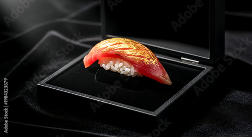 Still life. a piece of otoro (fatty tuna) nigiri brushed with gold-flecked sauce, presented on a velvet jewelry display stand inside a sleek, black presentation case