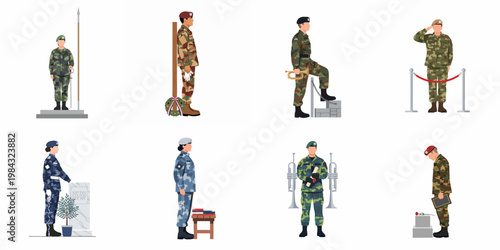 Set of flat vector illustrations depicting soldiers in various ceremonial and memorial honor guard positions, including saluting, standing vigil, and playing bugles.