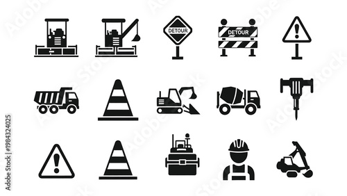Black and white construction icons for road work and traffic management vector.