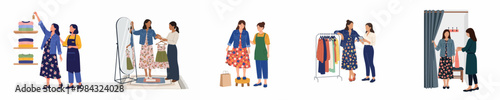 Collection of flat illustrations showing a woman shopping for clothes and receiving assistance from a professional shop assistant in a retail store.