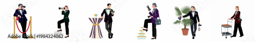 Professional event photographers in formal tuxedos and suits capturing moments at high-end gala celebrations and red carpet events, flat vector illustration collection.