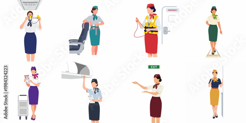 Flight Attendant Crew Demonstrating Airplane Safety Procedures and Cabin Services Illustration Set