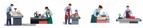 Collection of flat vector illustrations showing grocery store staff disinfecting checkout counters and equipment for customer health and safety.