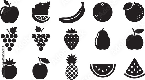 Black fruit icons set, 16 silhouette symbols, fruit salad collection, vector graphics