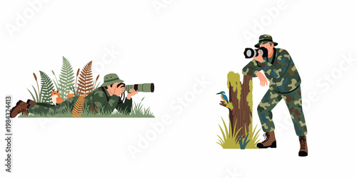 Vector illustration of wildlife photographers in camouflage clothing using professional cameras with telephoto lenses to capture photos of a fox and a kingfisher.