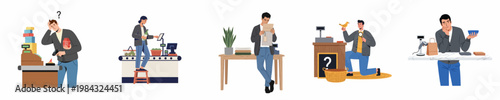 Collection of flat illustrations showing various people shopping, using self-checkout, and inspecting products in a retail store setting.