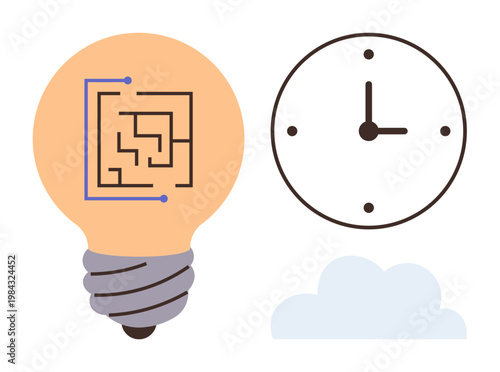 Creativity, innovation, technology, time management, problem-solving, abstract thinking. A lightbulb features circuit design, a clock shows time and a minimal cloud element. Creativity and time