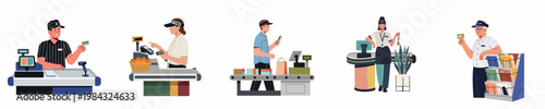 Flat Vector Illustration Set of Supermarket Cashiers and Retail Store Employees Working at Checkouts with Customers.