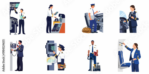 Flat vector illustrations of male and female airline pilots in uniform performing flight duties, cockpit operations, and pre-flight checks on white background.