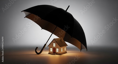 Small house model protected by large black umbrella on dark background