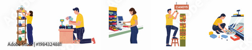 Set of flat vector illustrations showing retail store assistants working in a candy shop, stocking shelves, arranging products, and using a cash register.