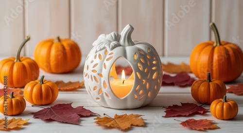A white ceramic pumpkin-shaped candle holder with cutout patterns glows warmly among orange pumpkins and autumn leaves, creating a cozy fall decoration for seasonal displays.