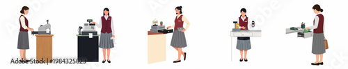 Set of female cashiers in uniforms performing different checkout and retail tasks at a cash register, isolated on a white background.