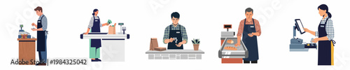 Set of supermarket cashier characters working at checkout counters with cash registers, handling money and groceries in flat vector style.