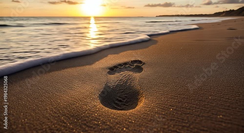 sunset beach footprints in wet sand by waves at golden hour
