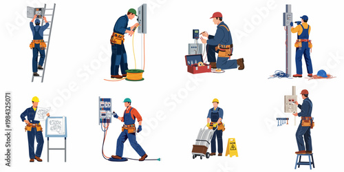 Collection of professional male electrician characters performing various electrical repair, maintenance, and installation tasks in a flat illustration style.