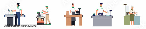 Flat vector illustration set of diverse supermarket cashiers working at checkout counters with various cash registers and grocery items on a white background.