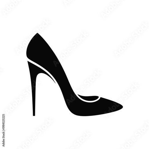 A sleek black high-heeled shoe on a white background