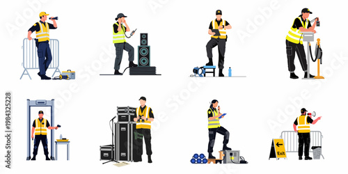 Set of flat vector illustrations featuring event security and staff in high-visibility vests performing crowd control, technical support, and safety tasks.