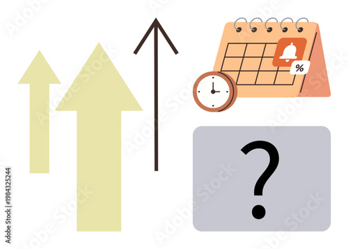 Business growth, scheduling tasks, time management, progress tracking, decision making, goal setting. Arrows pointing up, calendar with alarm clock and question mark. Business growth and scheduling