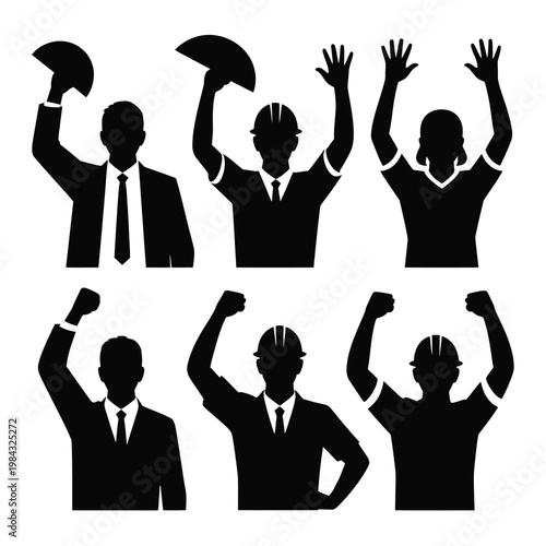 A group of silhouetted people celebrating with raised arms