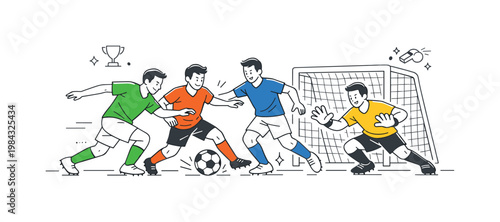 A dynamic football match scenario where players compete on the field during an intense game, shown through a small group interacting near a simple goal post and soccer