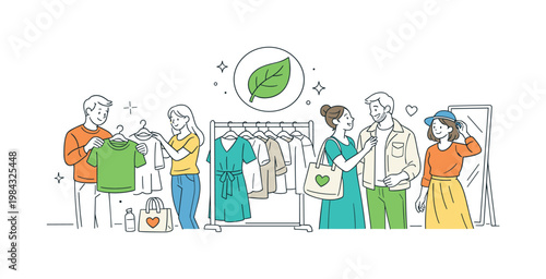 Sustainable fashion lifestyle scene showing a small group of people choosing and wearing eco-friendly clothing in a conscious shopping environment, with a clothing rack
