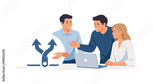 A team strengthening shared alignment during a collaborative planning discussion, gathered near a laptop while interacting with a simple unified path symbol beside it,