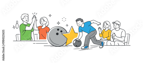 A leisure lifestyle concept where individuals unwind through a bowling activity in a relaxed environment, visualized by a small group near a simple bowling ball and star