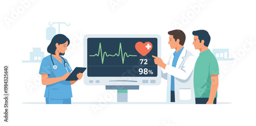 Healthcare monitoring scenario where medical professionals track patient vital signs using advanced digital equipment in a clinical environment, symbolized by a medical