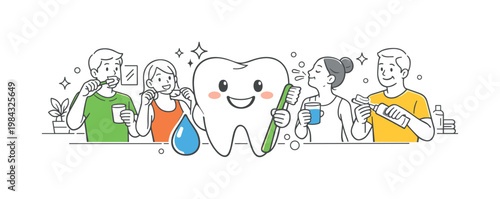Individuals maintaining daily oral hygiene habits as part of a healthy lifestyle routine at home, represented through a metaphor of a smiling tooth with simple care