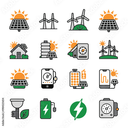 Solar and wind energy monitoring icon set for renewable power management, smart grid tracking, battery efficiency, and sustainable electricity solutions