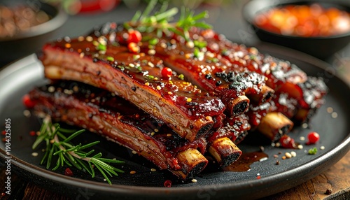 Delicious grilled pork ribs with barbecue sauce glaze, garnished with fresh rosemary, peppercorns, and sesame seeds, served on a rustic dark plate.