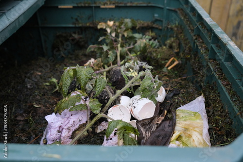 Close-up of a home composting process with organic kitchen leftovers for garden fertilizer. Zero waste and sustainable lifestyle concept.
