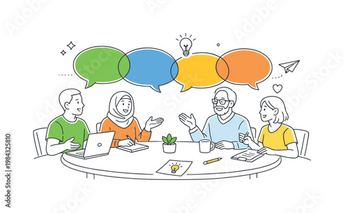 Inclusive meeting collaborative workplace scene showing a diverse group of people participating equally in a discussion and sharing ideas in a respectful environment,