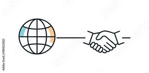 International business collaboration and remote teamwork across borders, a globe icon paired with a minimal handshake symbol connected by a thin line representing