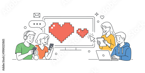 Digital love and online communication in a modern lifestyle context where people express emotions through virtual interactions and messaging platforms, represented by a