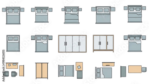 CAD designs of various vector 2D furniture layouts and blueprints