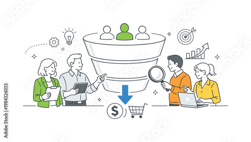 A business marketing scenario where professionals analyze and optimize a sales funnel to convert potential customers into buyers, shown through a small group interacting