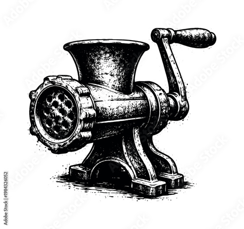 A heavy cast iron meat grinder shown in a three-quarter perspective, enlarged to fill most of the frame as a dense mechanical object on a pure white background, the
