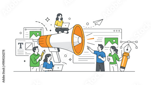 Creative marketing strategy and visual communication in a modern business environment where teams design campaigns to attract and engage audiences, represented by a clear