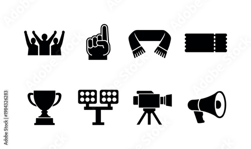 Football fan and event: cheering crowd, foam finger, team scarf, ticket, trophy cup, stadium lights, broadcast camera, megaphone.