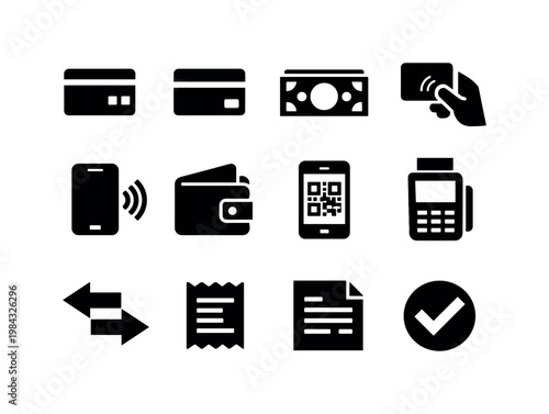 Payment methods and transactions: credit card, debit card, cash money, contactless payment, mobile payment phone, digital wallet, QR code scan, POS terminal, bank