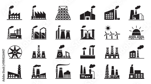 Heavy industry and power generation facility icon set for manufacturing plant design, energy infrastructure, and industrial construction planning applications
