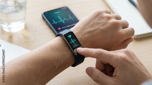 A man's hand interacts with a smartwatch showing ECG data, paired with a smartphone health app. This depicts modern health monitoring and digital wellness. Ideal for tech or medical content.